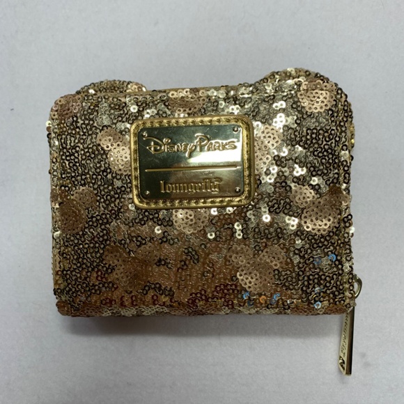 Loungefly Disney Wallet Gold Sequin Mickey Minnie Metallic 5 x 5 NWT Disneyland - Picture 2 of 9